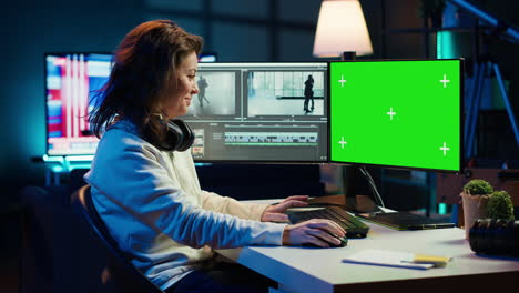 woman using professional software on mockup pc to create visual effects