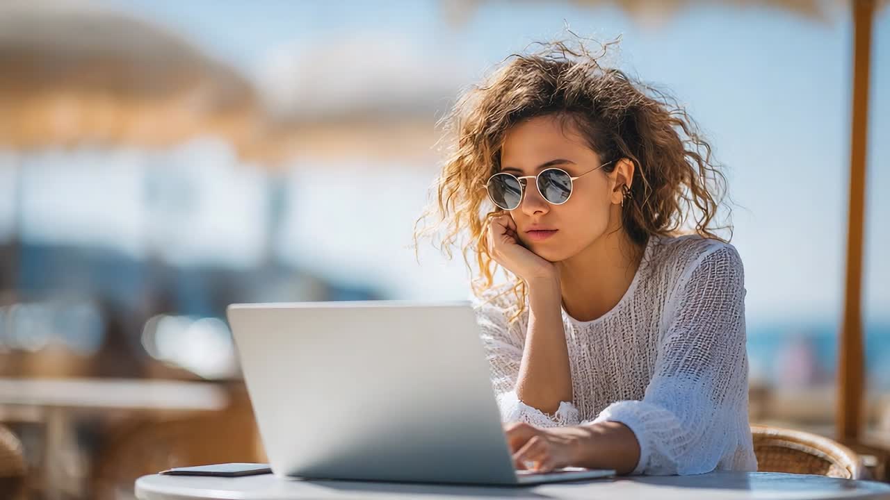 Young woman working on laptop at beachside cafe during sunny day