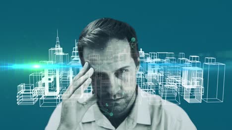 hombre preocupado contra el modelo de ciudad 3d girando sobre un fondo azul