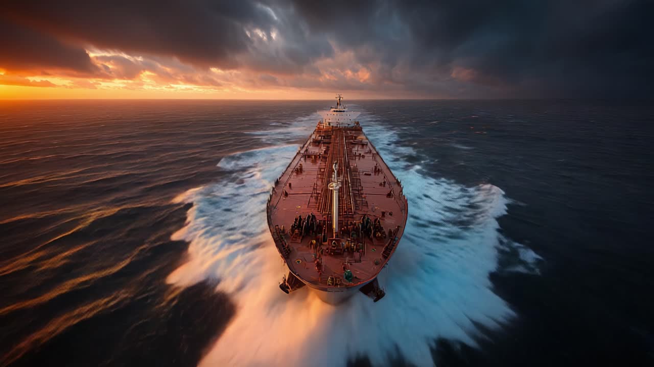 Una vista maestosa di una grande nave che fende acque agitate al tramonto, circondata da cieli suggestivi e onde impetuose durante il suo percorso.