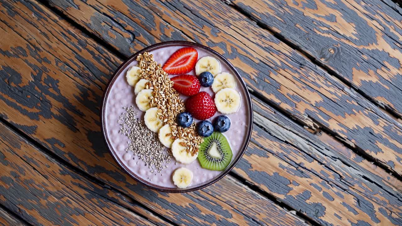 Top-down view of a vibrant smoothie bowl with fruits and seeds on rustic wood