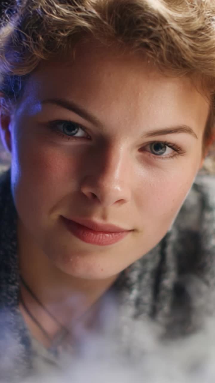 Captivating Close-Up Portrait of a Young Woman Surrounded by Soft Mist, Exhibiting Depth and Emotive Expression for a Striking Visual Impact