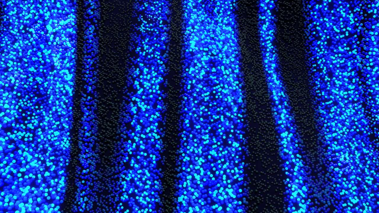 4k fondo en bucle abstracto con partículas azules brillan y forman un hermoso patrón. esferas en el espacio forman superficie, ondas de color y luz corren a lo largo de las bolas. las bolas se balancean en las olas. diseño de movimiento