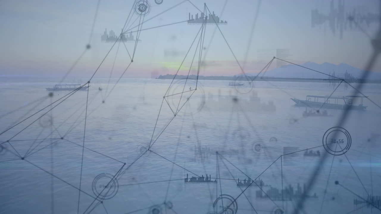 animación de la red de conexiones con el registro estadístico sobre el paisaje marino en el fondo