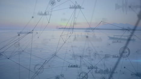 animation of network of connections with statistics recording over seascape in background