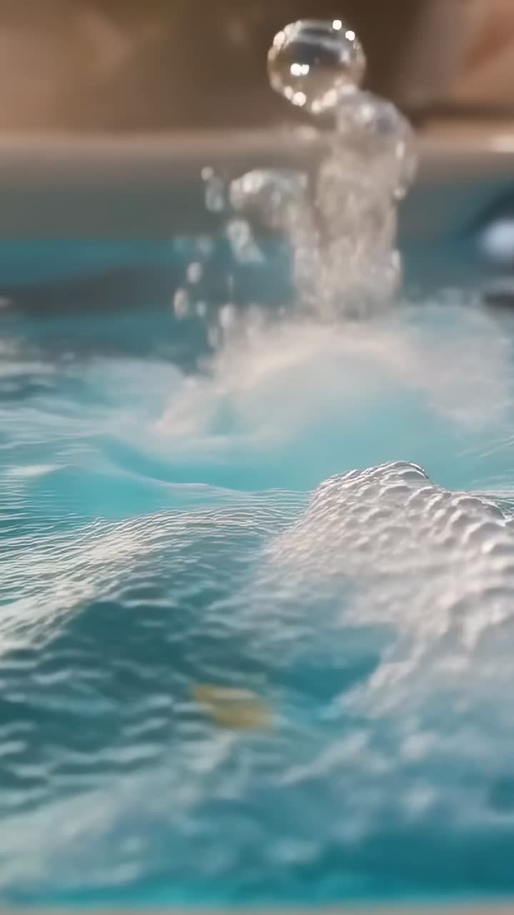 Video verticale: colonna di bolle in aumento che pulsa dal getto nell'acqua termale turchese, creando schiuma per la spa