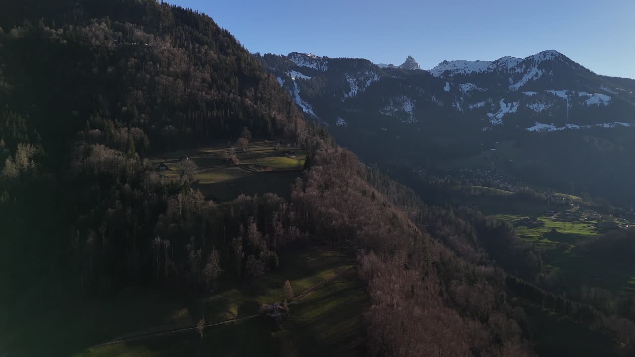 Nature valley forest mountain aerial drone landscape Switzerland Europe