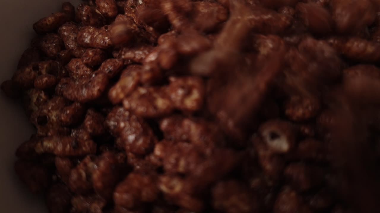 그릇에 떨어지는 초콜릿 시리얼의 세부 사항