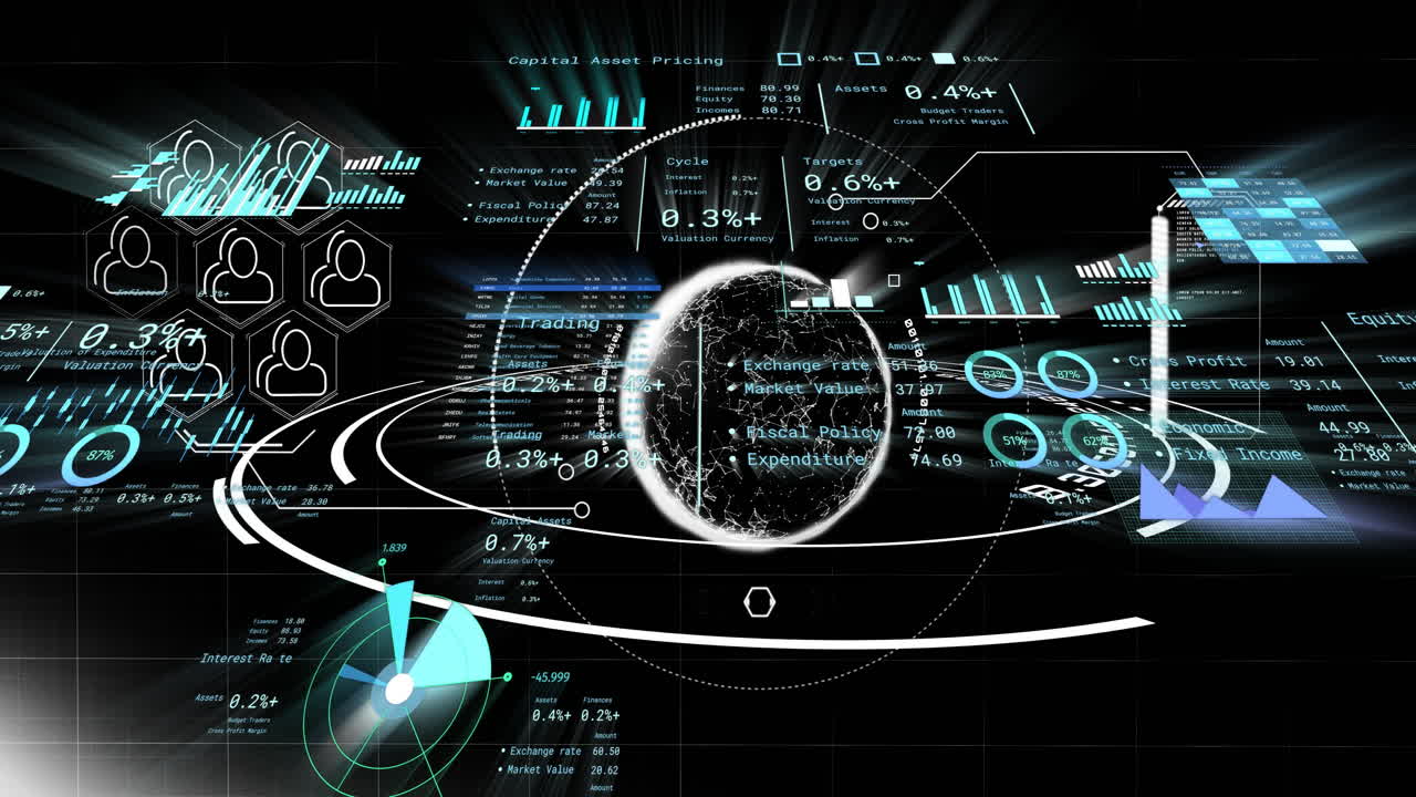 Digital interface showing globe, data charts, and network connections in animation