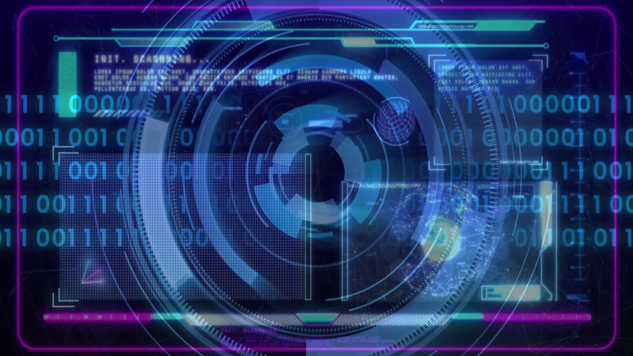 Animation of diverse data processing on world map and buildings over violet background