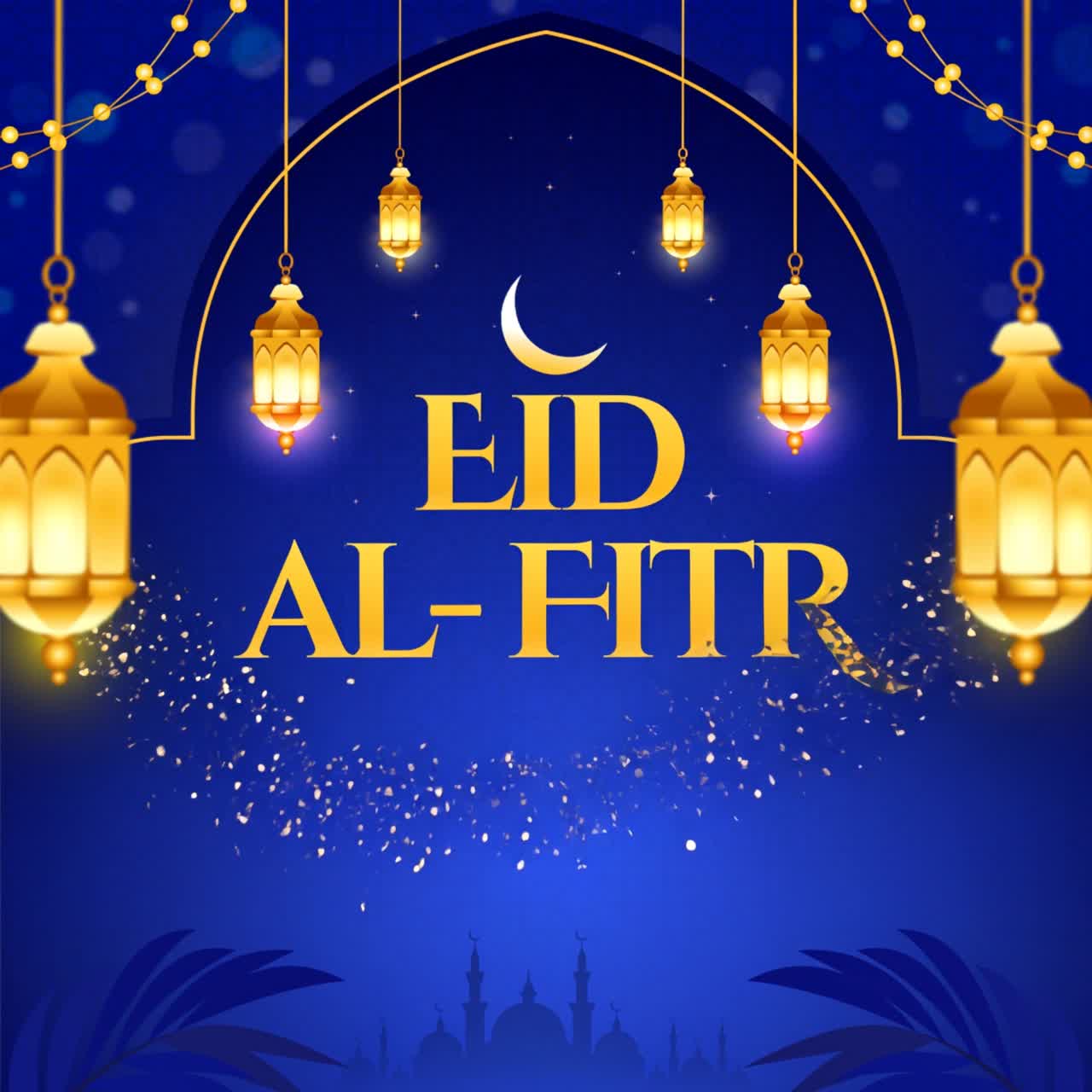 Celebrazione Eid Al-Fitr Mubarak con lanterne e luna crescente.