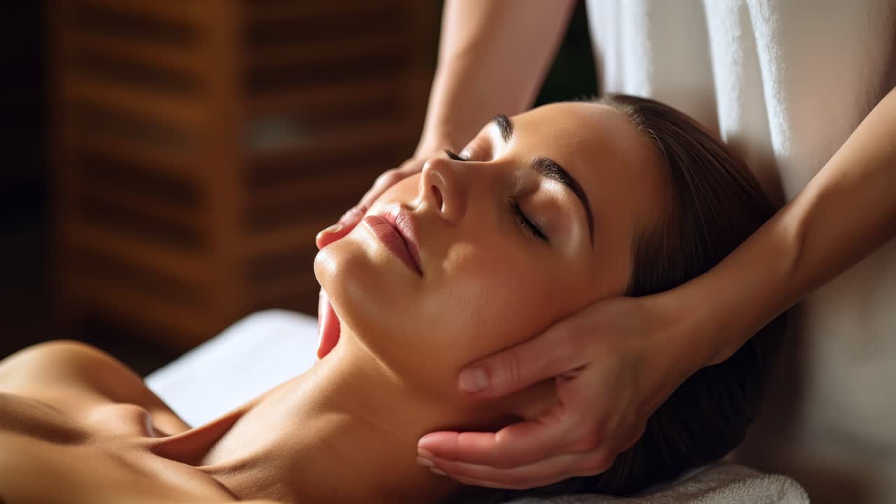 Close-up video angle of a serene facial massage, highlighting relaxation and tranquility in a spa