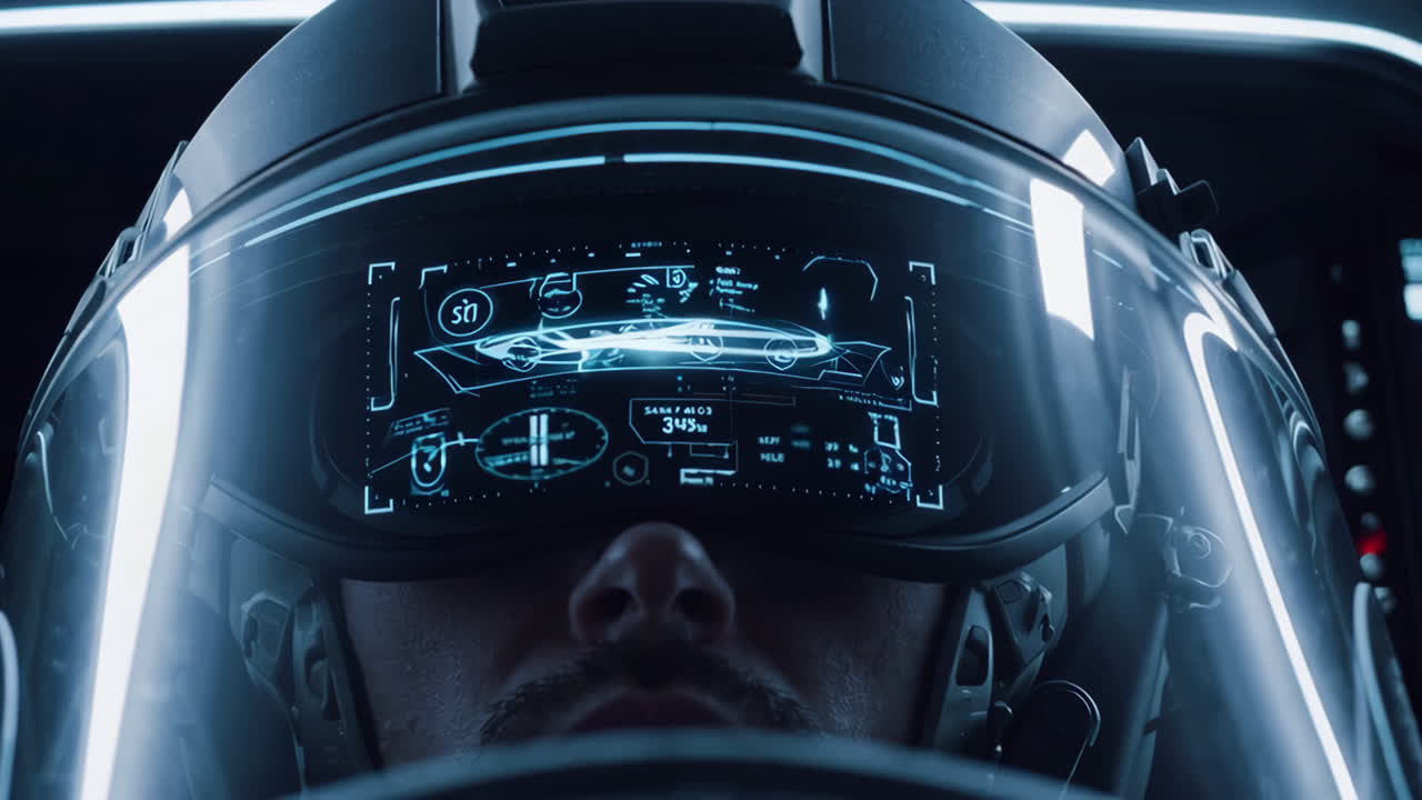 Pilot with futuristic helmet and head-up display