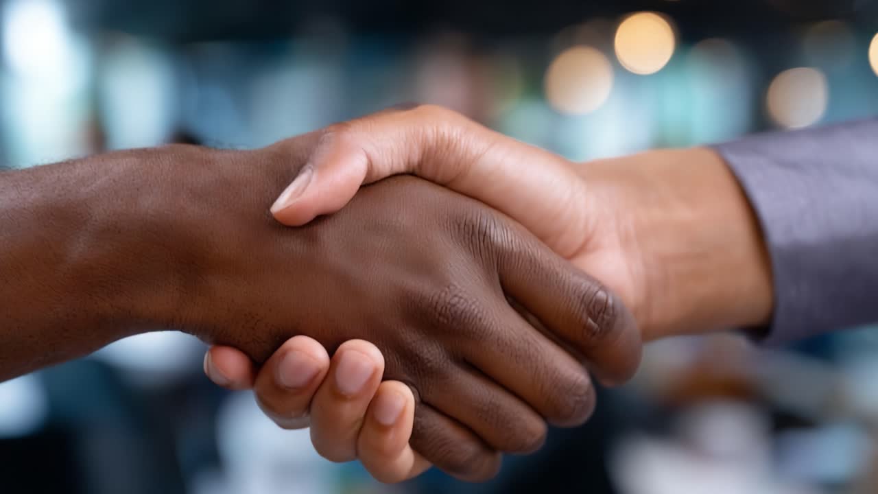 A Close-up View of a Firm Handshake Signifying Agreement and Cooperation Between Two Individuals in a Professional Setting with a Blurry Background