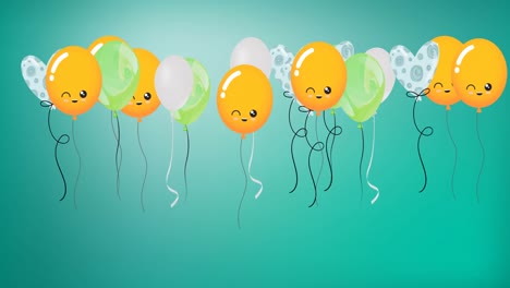 Animation-of-colourful-balloons-with-faces-bouncing-on-green-background