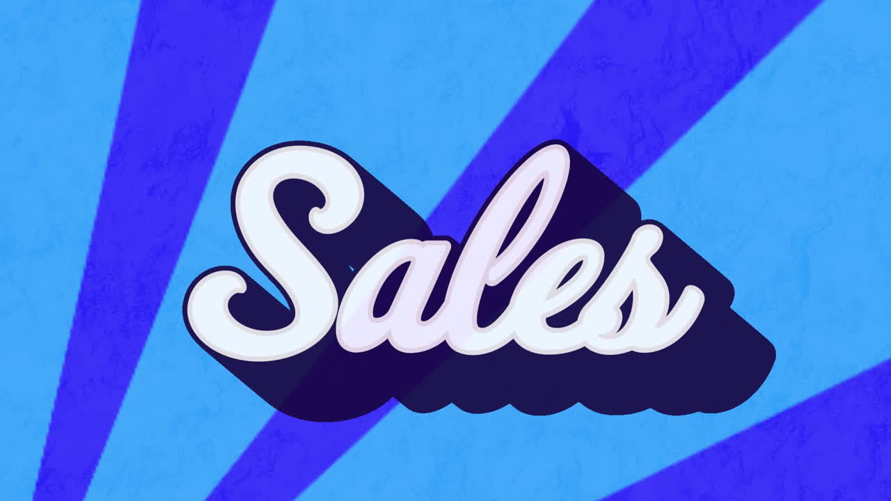animación de un cartel de texto de ventas contra rayos radiales en un patrón sin costuras sobre un fondo azul