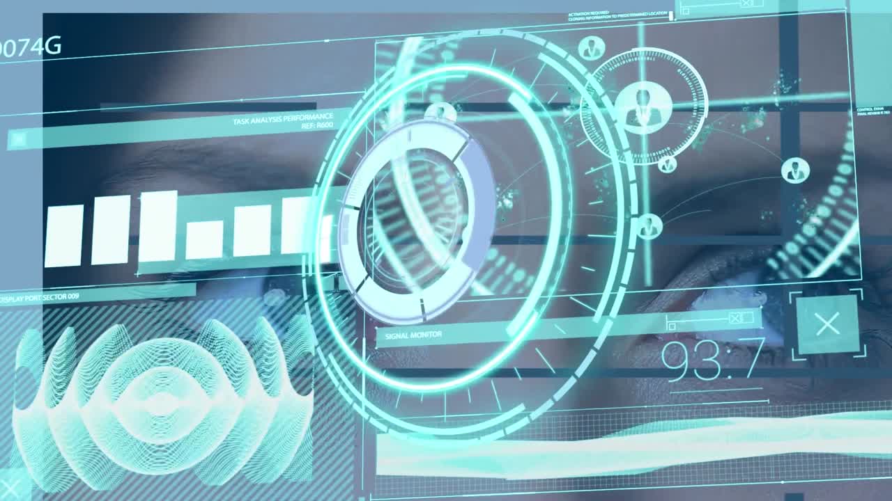 Animation of interface with data processing against close up of a female eye