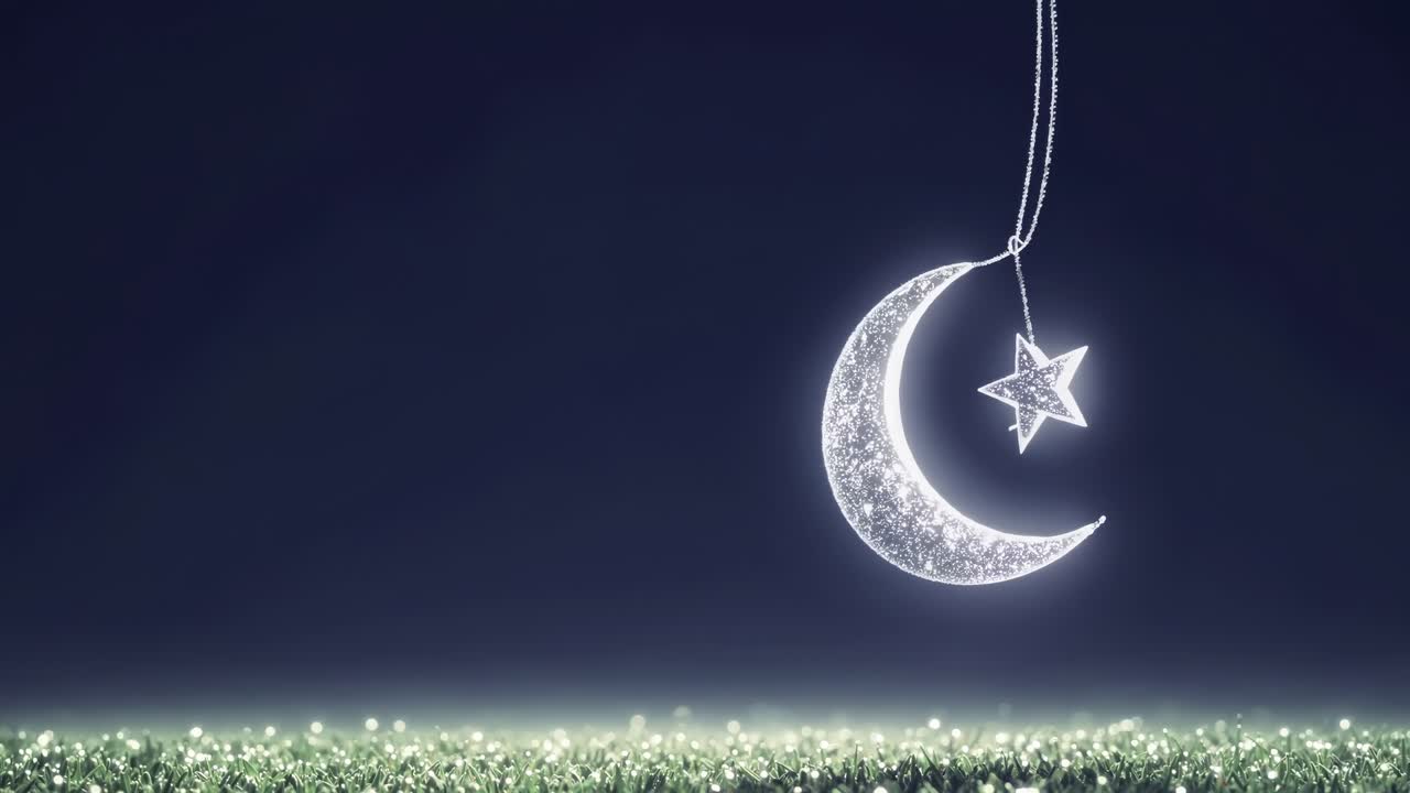 A glowing crescent moon and star hang in a night sky above a sparkling field
