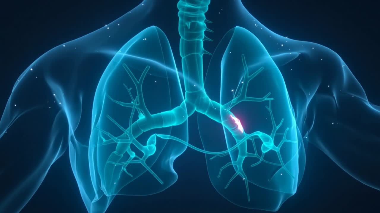 Particelle luminose che emergono dalla trachea e si muovono lungo i polmoni traslucidi in un rendering 3D che mostra il flusso del farmaco.
