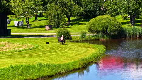 cinematic shot of an old man sitting on a bench in a grassy field on a sunny day