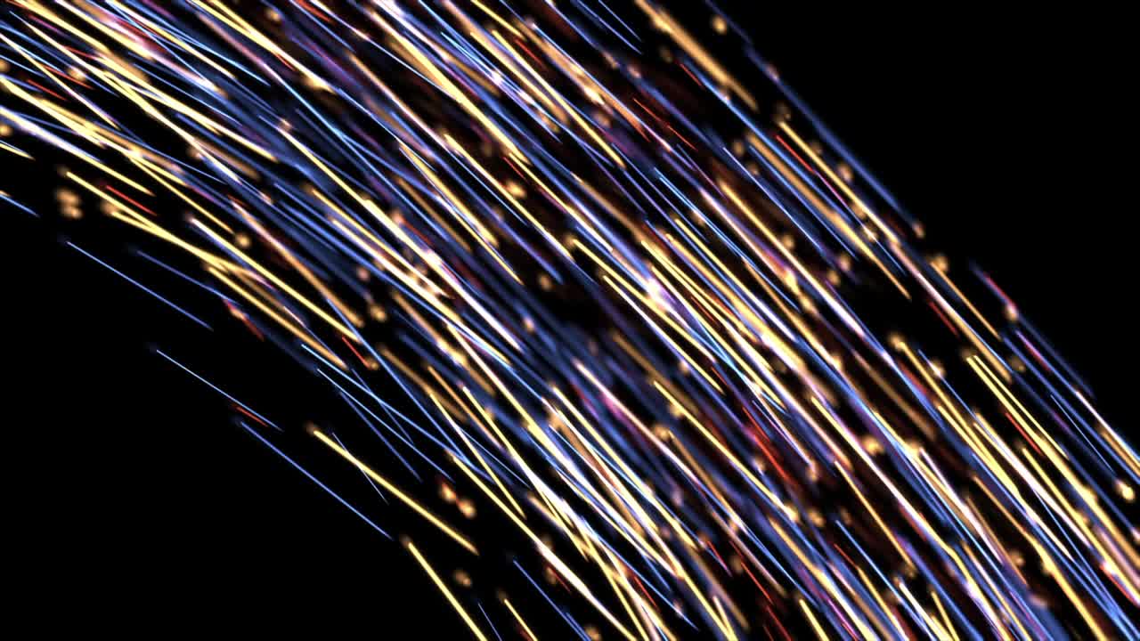 Abstract flow of lines and dots. Animation. Beautiful colorful motion of short bright dashes and tiny defocused particles isolated on black background, seamless loop