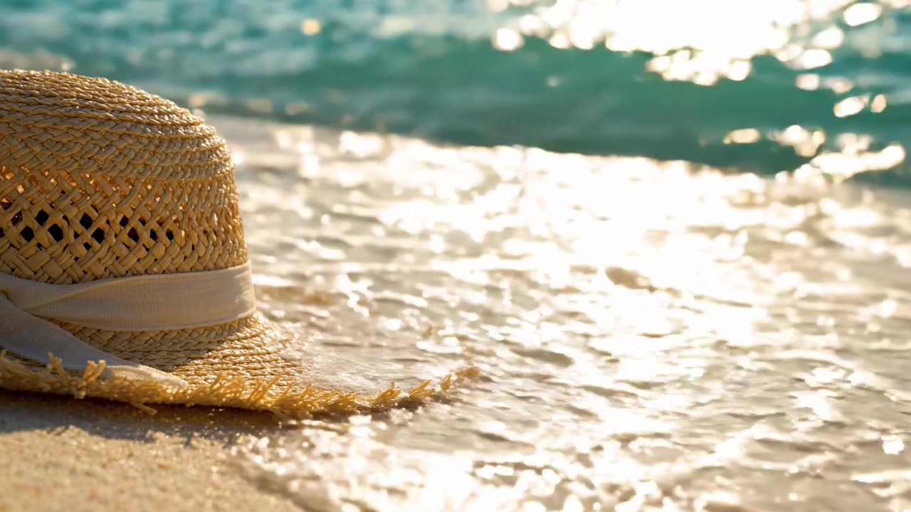 Una tranquilla scena da spiaggia con un cappello di paglia appoggiato su sabbia soffice accanto a dolci onde che lambiscono la riva, sotto i riflessi scintillanti del sole sulla superficie dell'acqua.