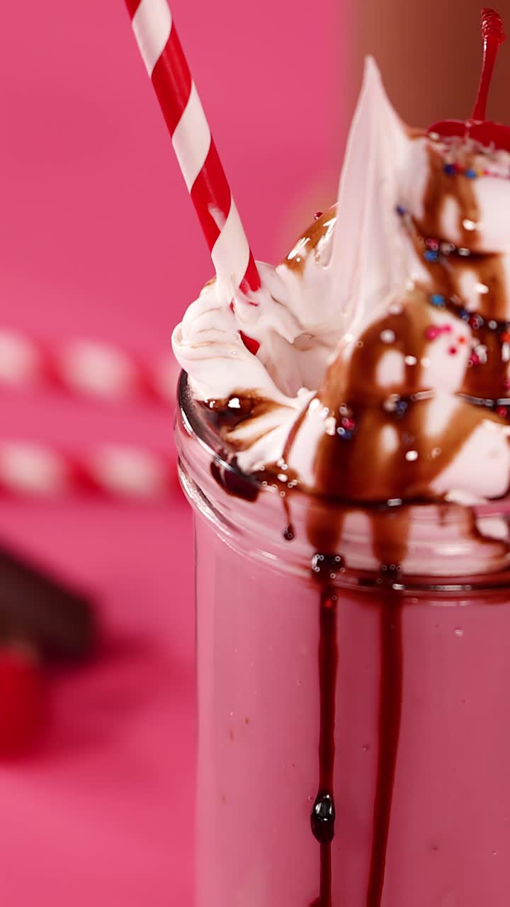 Una mano raccoglie panna montata da un milkshake rosa guarnito con sciroppo al cioccolato, codette e una ciliegia.