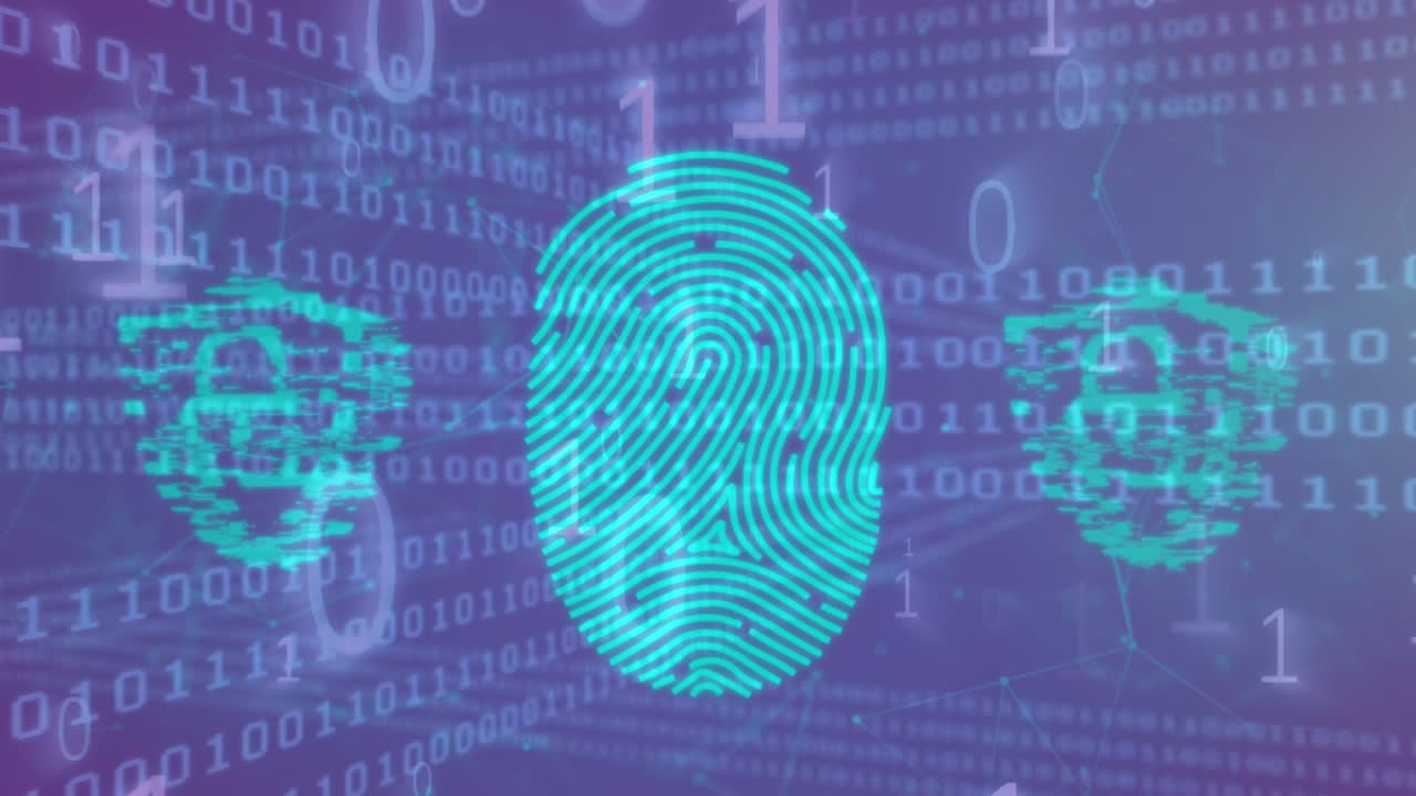 Animation of binary code and fingerprint on violet background