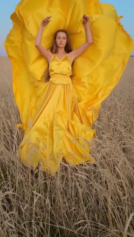 woman in a yellow satin dress in a wheat field