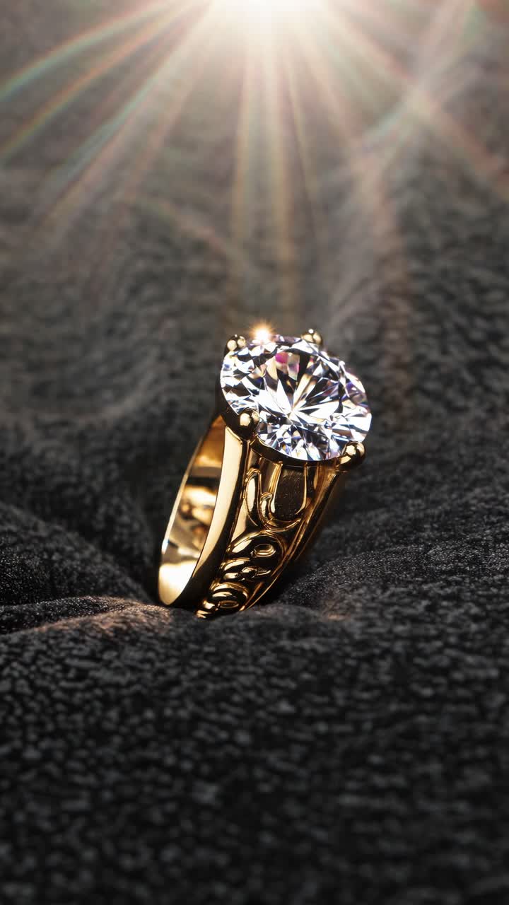 Close-up video shot of a gold ring with a large diamond, capturing the sparkle and intricate design