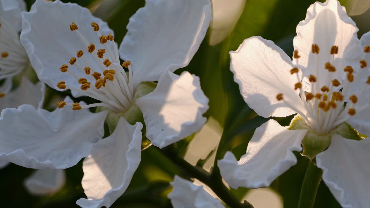 Vídeo en primer plano de flores blancas con estambres amarillos, grabado a la altura de los ojos