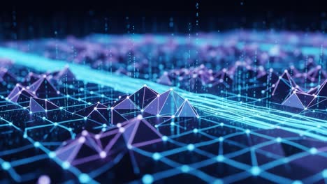 a stunning visual representation of data landscapes featuring vibrant geometric patterns with a dynamic network of bright lines and dazzling points of light