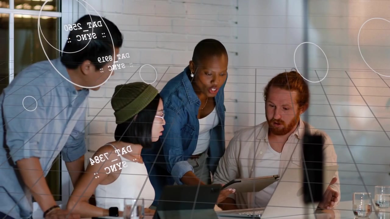 Seated woman tapping tablet, business team joining and reviewing project on laptop glass overlays