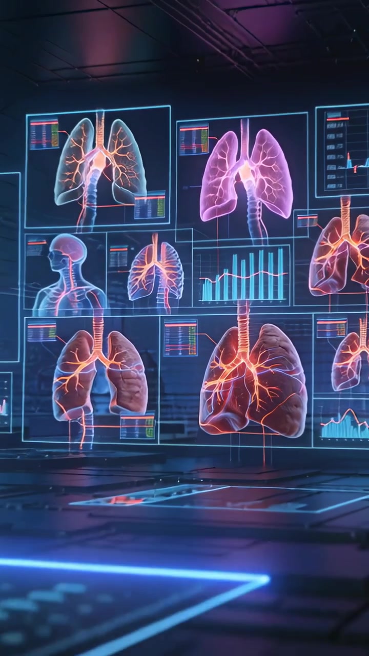 Vertical video: Pulsing central 3D lungs syncing with data feed at lab, for realtime monitoring