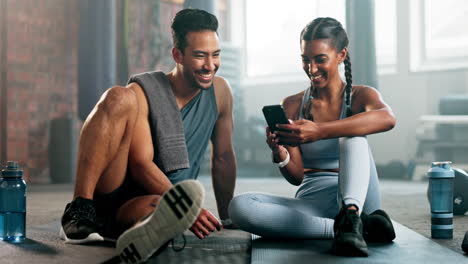 Phone,-fitness-and-people-happy-at-gym