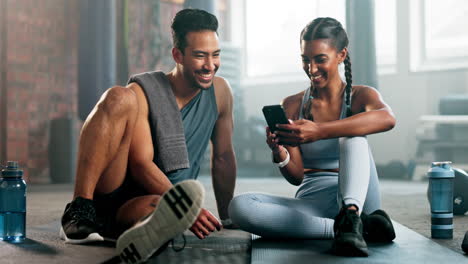 phone, fitness and people happy at gym