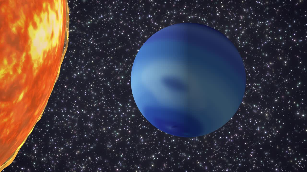 A rotating blue gas giant planet orbits a glowing sun against a starry background