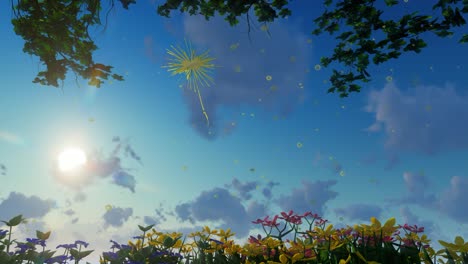 Springtime-colorful-flowers-with-dandelions-flying-around-on-blue-sky-with-sun-rays-and-clouds-passing-by-natural-environment-3D-animation