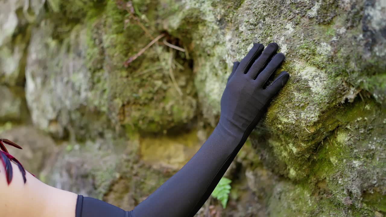 A woman's hand in a black glove caresses a rock covered in moss. A poetic mood in nature. Clouseup follow shot