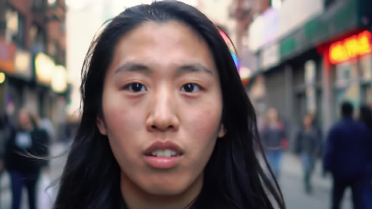 A young individual walks through a lively city street filled with people and colorful signs. The atmosphere is vibrant as they reflect amid the busy surroundings.