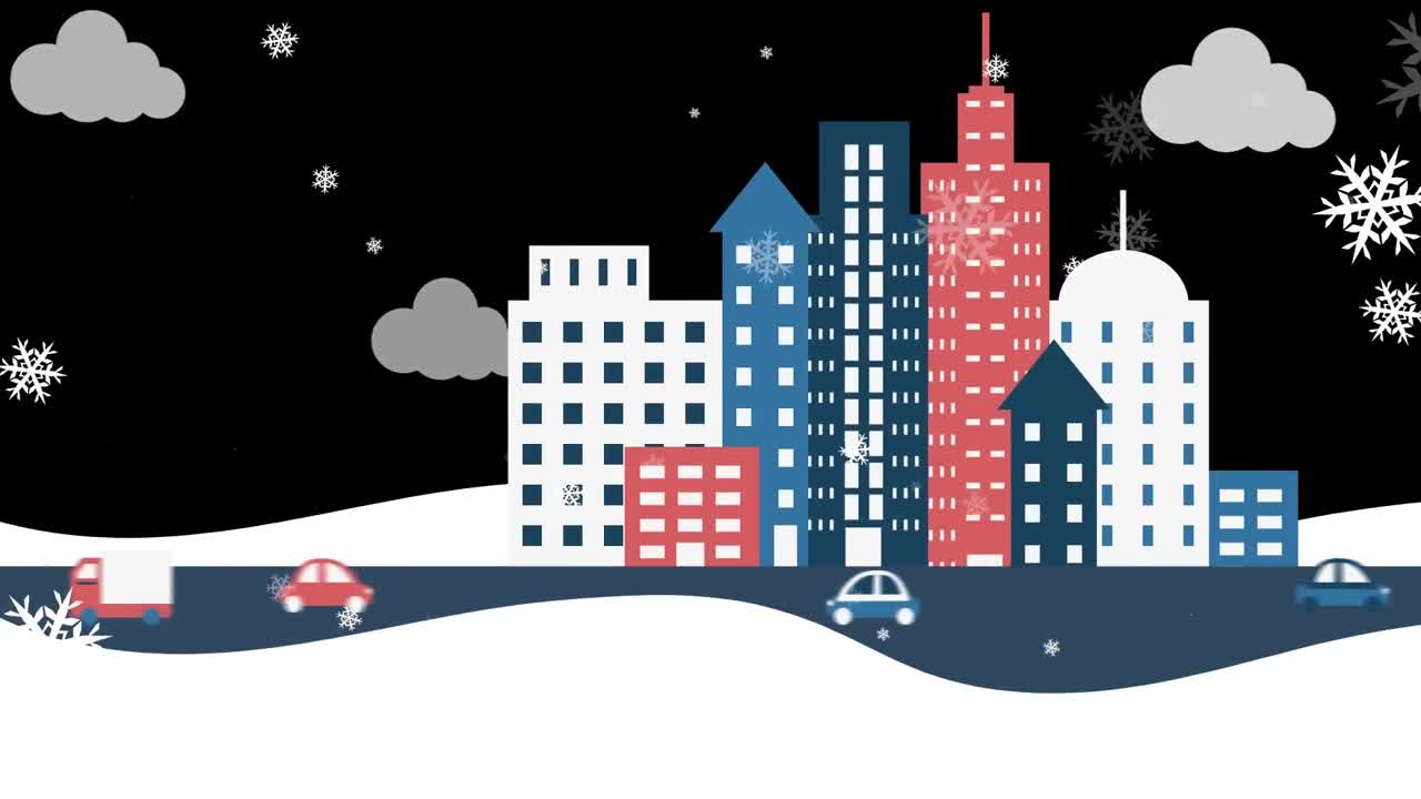 Animazione di neve che cade su un paesaggio urbano a Natale