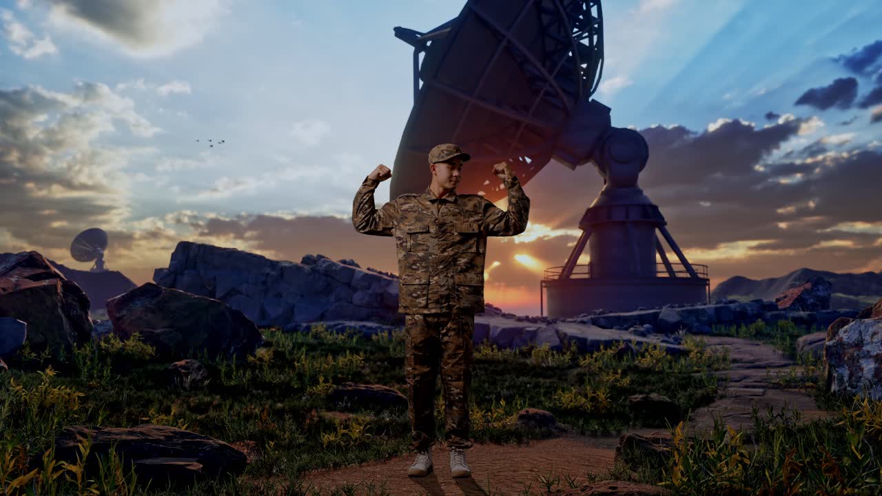 Full Body Of Asian Man Soldier Smiling And Flexing His Bicep While Standing With Satellite Dish