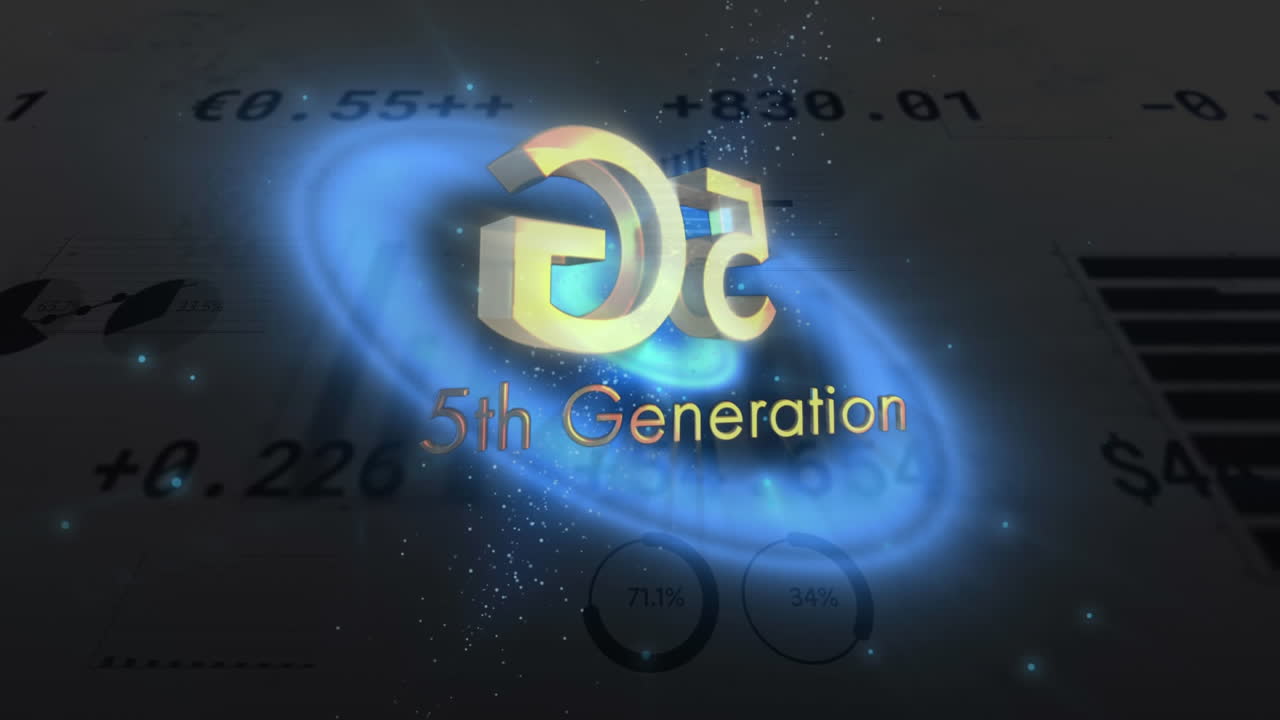 5g 텍스트의 디지털 애니메이션 원형 g에 대해 통계 데이터 처리에 대한 파란 빛을 낮추는