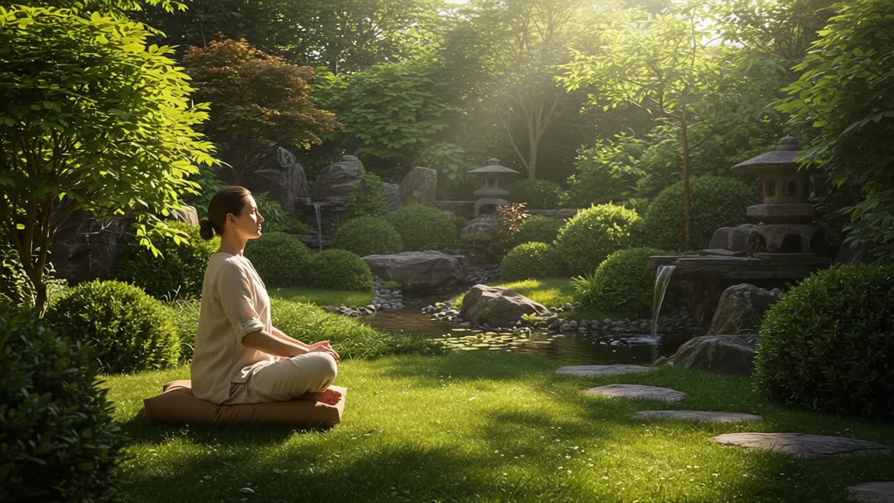 Serene Meditation in a Lush Japanese Garden: A Journey into Peace and Tranquility Surrounded by Nature's Beauty and Gentle Sounds of Water