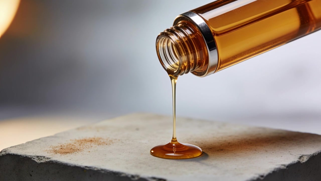 Bottiglia ambrata inclinata che versa liquido denso su una lastra, mostrando la consistenza con un bagliore caldo, spazio per il testo