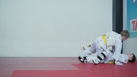 young martial artists in white gi and yellow belts practicing kudo techniques with focus and determination