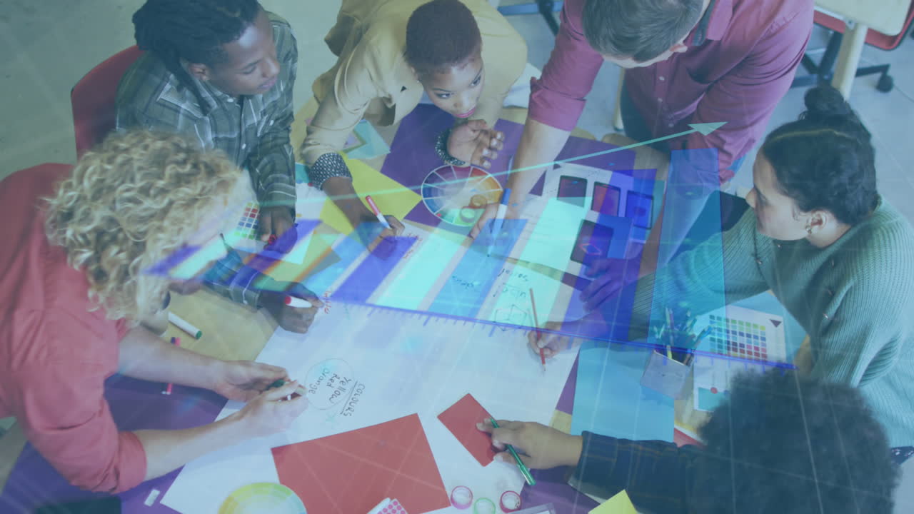 Animation of data processing over diverse business people working at office