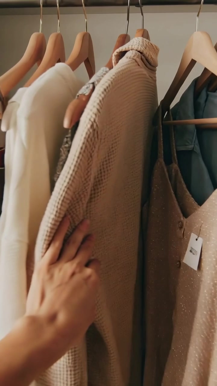 Video vertical: Mano deslizándose desde la izquierda a lo largo de la barra del armario, comparando blusas blancas y prendas de punto beige