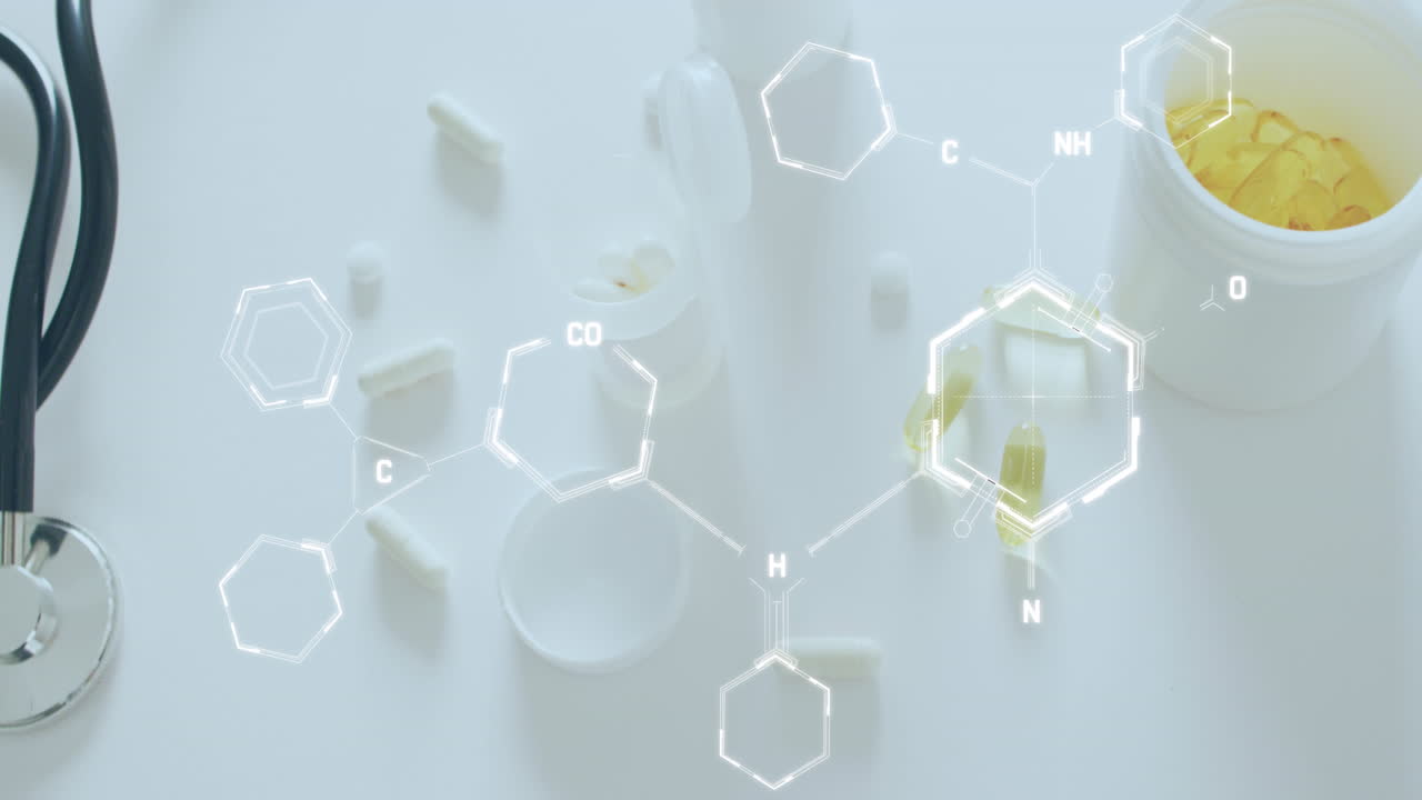 dna 줄무 다이어그램을 알약과 스테토스코프 위에서 애니메이션화합니다.