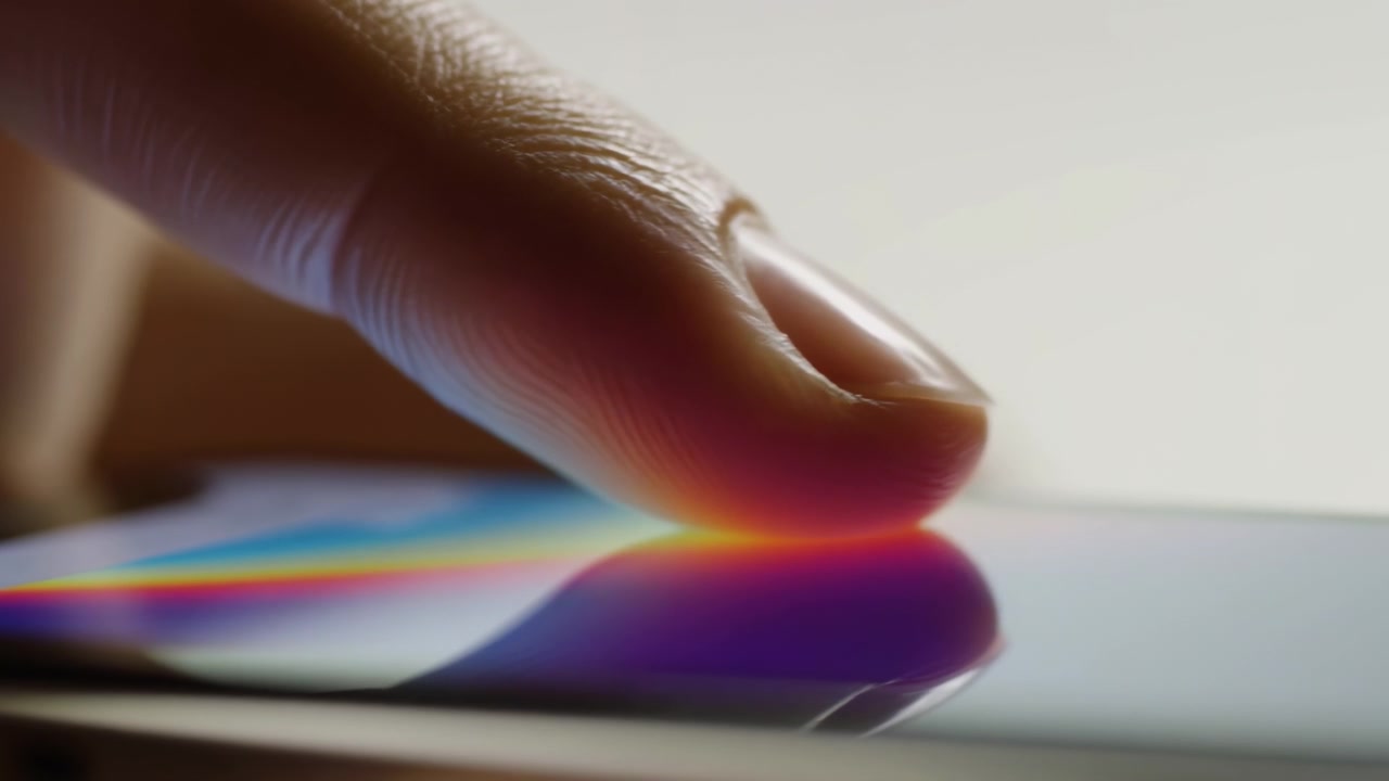 Finger Tapping Smartphone Screen Closeup Showcasing App Navigation And Subtle Rainbow Glow, Macro View